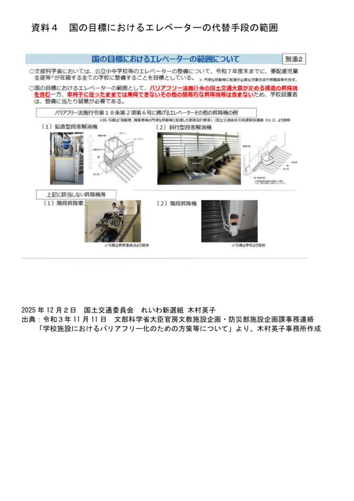 資料４：国の目標におけるエレベーターの代替手段の範囲
出典：令和3年11月11日文部科学省大臣官房文教施設企画・防災施設企画課事務連絡「学校施設におけるバリアフリー化のための方策等について」より木村英子事務所作成
